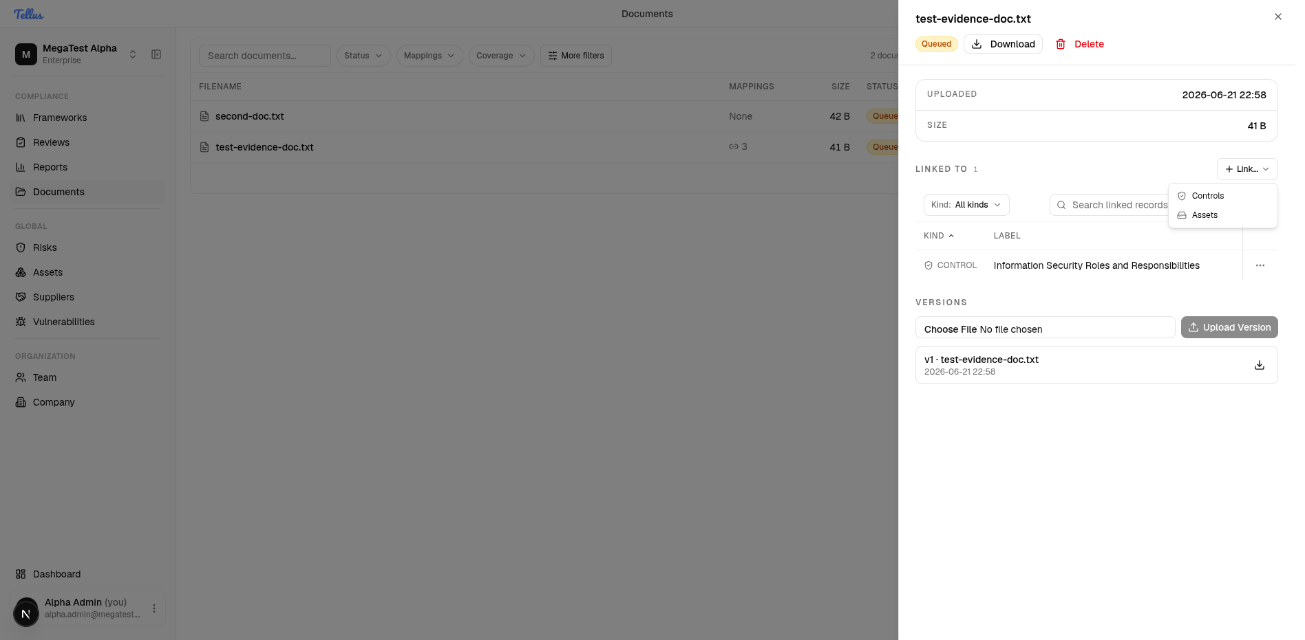 Documents & Evidence — Link a document to controls or assets