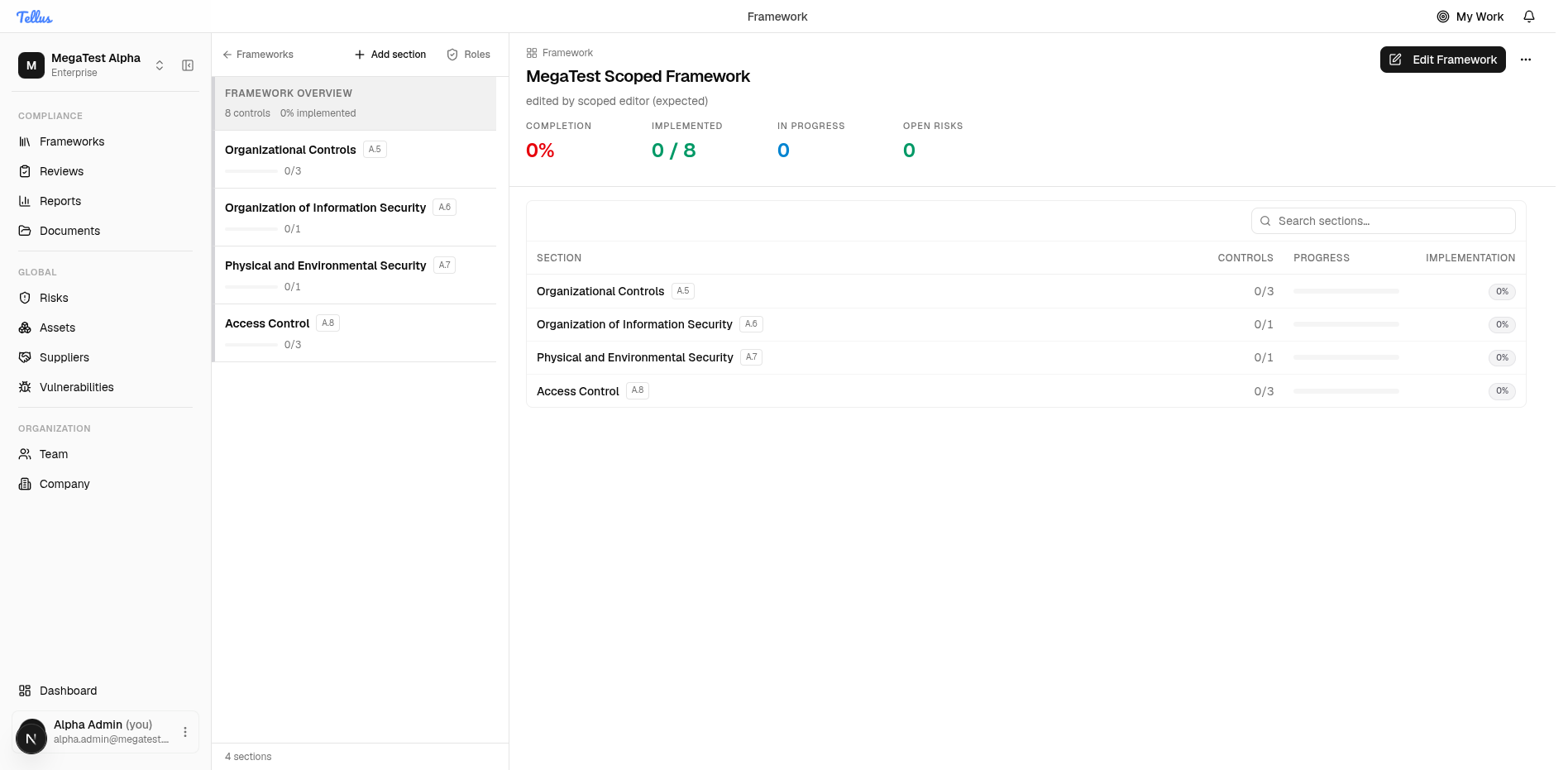 Frameworks & Controls — Open a framework to see its sections