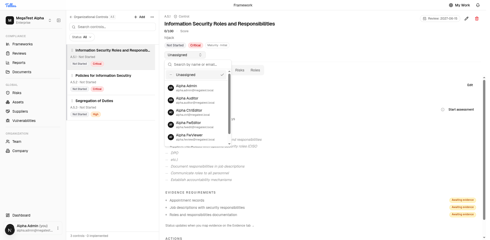 Frameworks & Controls — Change the control owner inline