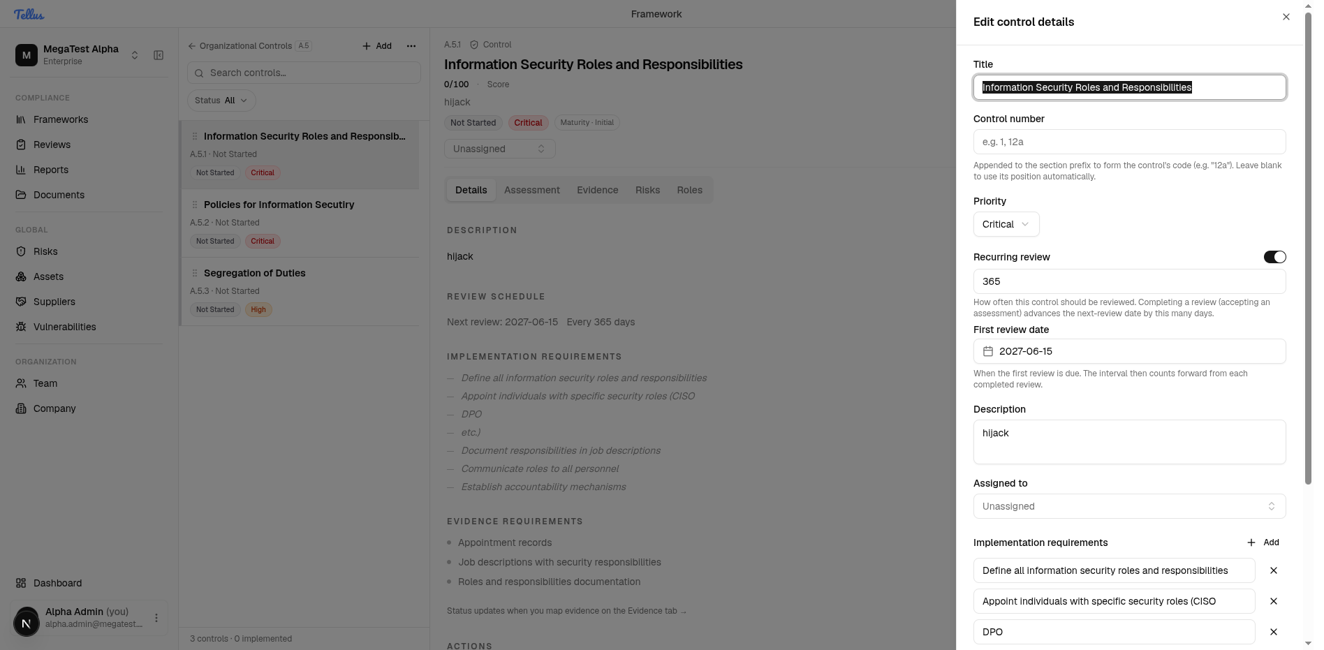 Frameworks & Controls — Edit control status and other fields