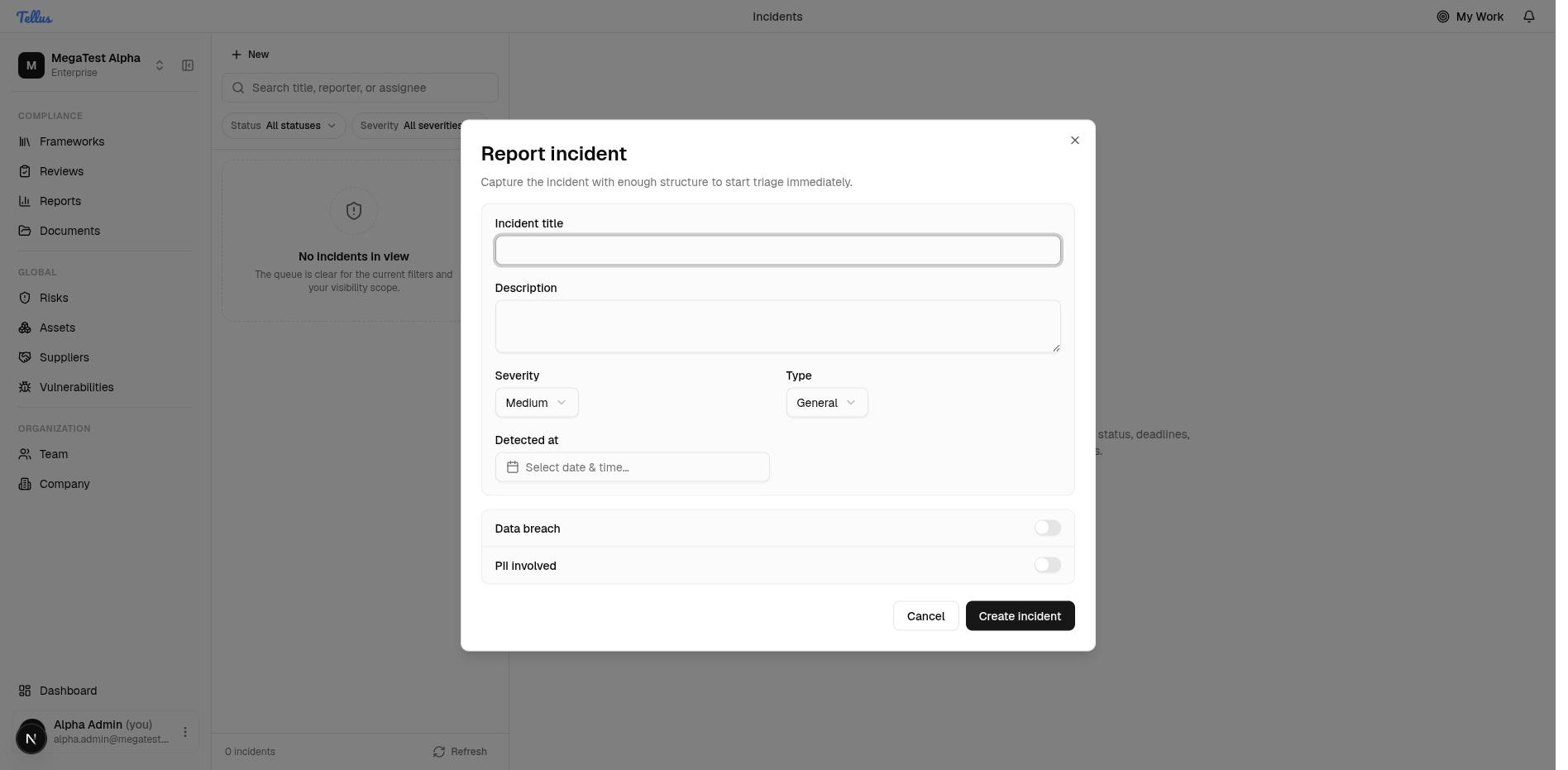 Incidents — Open the Report incident form