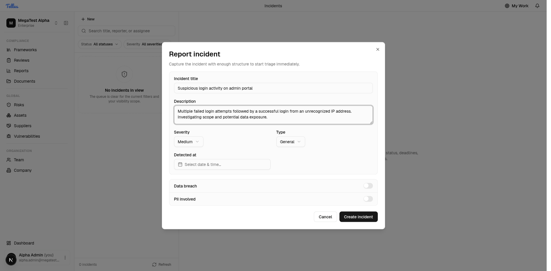Incidents — Fill in the incident details