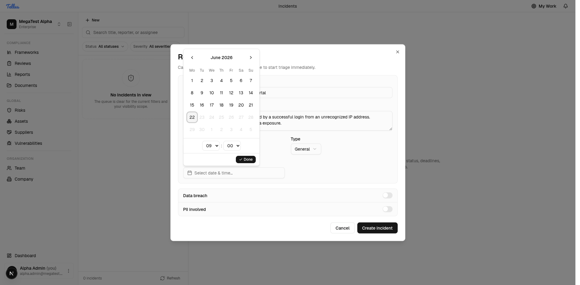 Incidents — Set when the incident was detected
