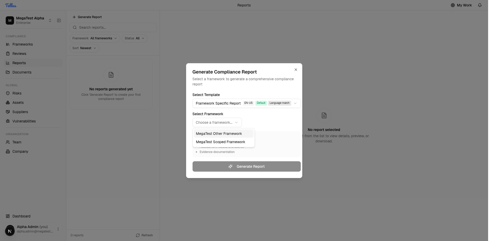 Reports — Pick the framework to report on