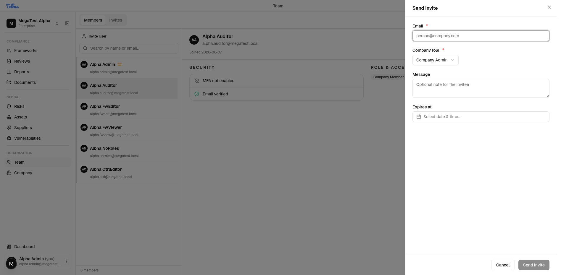 Team & Company Settings — Invite a new member
