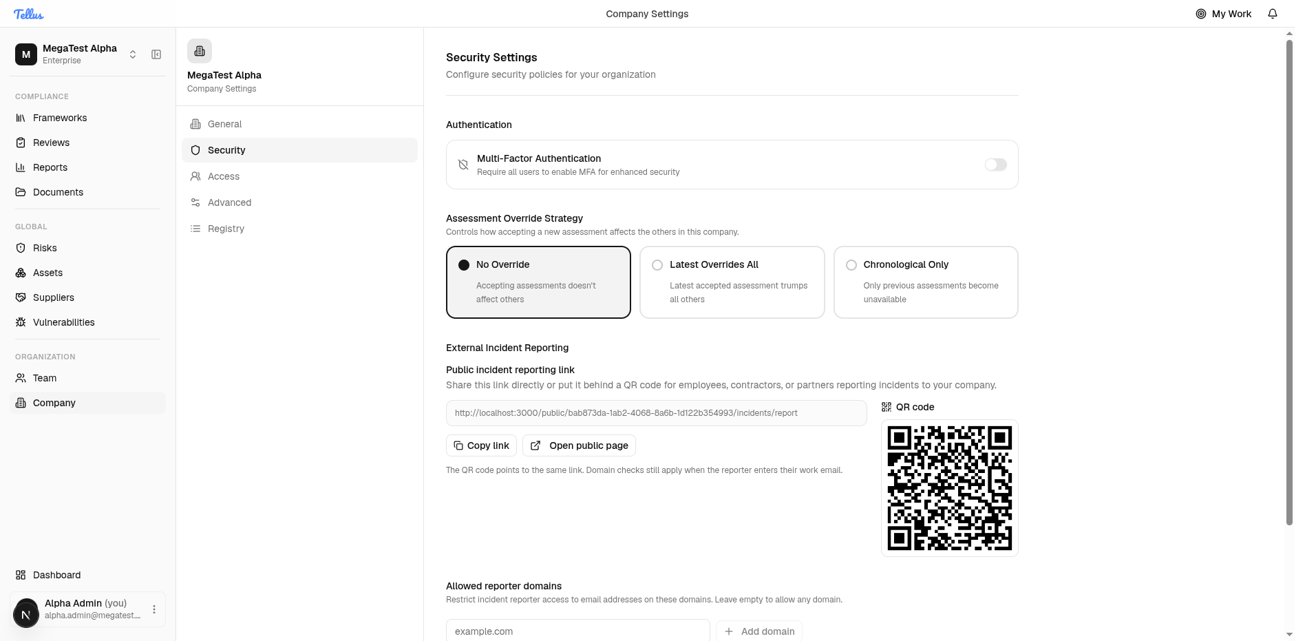 Team & Company Settings — Review company security policies