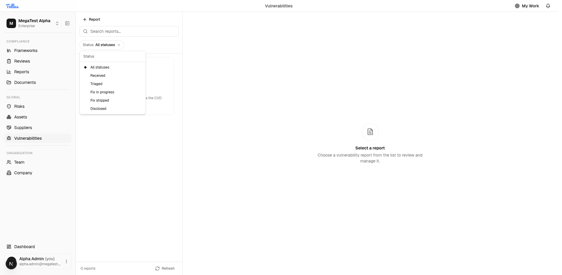 Vulnerabilities — Filter reports by status