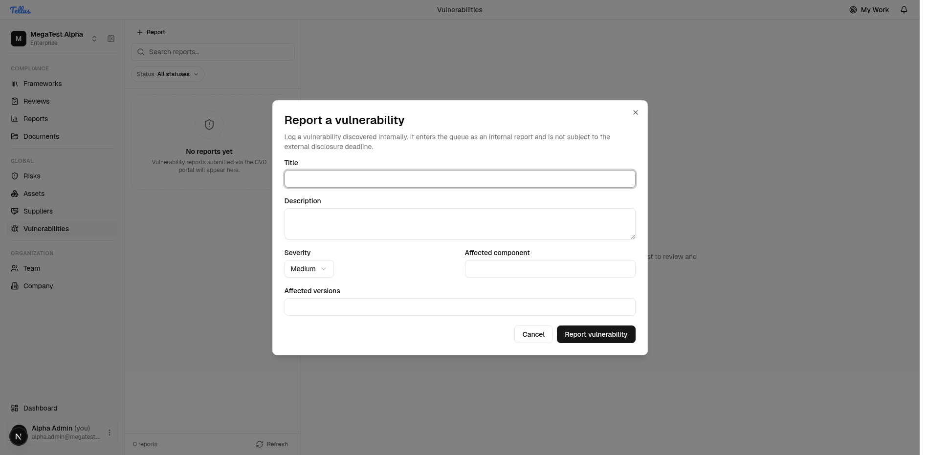 Vulnerabilities — Log an internally discovered vulnerability